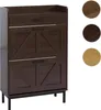 A dark brown shoe cabinet with a rustic design, featuring two flip-down compartments and a drawer, shown against a white background. Three circular swatches of different wood finishes are displayed to the right. Podgląd zdjęcia produktu