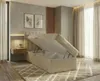 A bedroom scene with a bed that has its storage compartment open. Produktbild-Vorschau