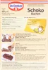 The image shows the front of a Dr. Oetker Schoko Kuchen baking mix box, with instructions and ingredients listed. Produktbild-Vorschau
