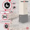 A wooden post with a metal base is shown, surrounded by marketing icons and text. Produktbild-Vorschau
