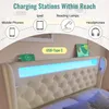 A bed headboard with integrated LED lighting and charging ports, with graphics overlayed showing charging capabilities. Anteprima dell’immagine prodotto