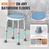 A shower stool with text overlays highlighting its features. Produktbild-Vorschau