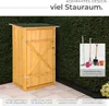 A wooden garden storage cabinet is shown outdoors next to a green hedge, with gardening tools displayed in a separate inset image. Produktbild-Vorschau