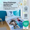 A bed with Disney Frozen themed bedding, featuring characters Elsa, Anna, Kristoff, Sven, and Olaf. The image also includes marketing text and icons. Produktbild-Vorschau