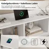 A white shelf unit with a tablet charging on it, and a close-up of a phone charging wirelessly. Produktbild-Vorschau