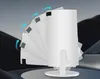 A white cylindrical projector is shown with its front panel fanned out to demonstrate its adjustable angle. Blue arrows indicate the direction of adjustment. Náhled obrázku produktu