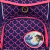A close-up view of a purple backpack with a pink mermaid scale pattern and a circular patch featuring a mermaid. Produktbild-Vorschau