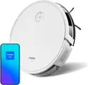 A white robot vacuum cleaner is shown next to a smartphone displaying an app interface. The robot vacuum has the Medion logo on it, and the smartphone displays "medion LIFE+". Produktbild-Vorschau
