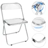 A transparent folding chair with chrome legs is shown against a white background. Insets show close-ups of the chair's joints and base. Produktbild-Vorschau