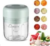 A product shot of a mini electric chopper next to various chopped ingredients and fresh produce. Produktbild-Vorschau