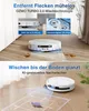A split image showing a robot vacuum cleaner with its mopping function in action, demonstrating its cleaning capabilities on a wooden floor. Produktbild-Vorschau