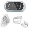A product shot of white bone conduction headphones and a charging case with a digital display. Anteprima dell’immagine prodotto