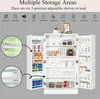 A white storage cabinet with its doors open, displaying various items on its shelves. Insets show close-ups of shelf dimensions. Náhled obrázku produktu