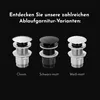 Three different drain fittings are displayed side-by-side against a black background, with their respective color/finish names below them. Produktbild-Vorschau