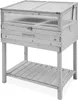 A wooden mini greenhouse with a transparent lid and shelf underneath, set against a light gray background. Produktbild-Vorschau