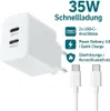 A white USB-C charger with two ports, accompanied by text and icons describing its features, and two white USB-C cables. Produktbild-Vorschau
