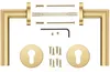 A set of gold-colored door handles and related hardware, including rosettes, screws, and an Allen wrench, laid out on a white background. Produktbild-Vorschau
