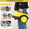 A person is holding a yellow steam cleaner, with marketing text and images about its features on the left side. Produktbild-Vorschau