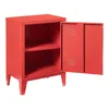 A red metal nightstand with two shelves and an open door, shown against a white background. Anteprima dell’immagine prodotto