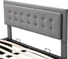 Close-up view of a gray upholstered headboard and bed frame with wooden slats. Náhled obrázku produktu