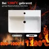 A split image showing a white ceramic sink, with one half appearing rougher and the other smooth and shiny, set against a backdrop of flames and sparks. Text overlays indicate different firing temperatures and their effects. Anteprima dell’immagine prodotto