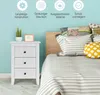 A bedside table and bed in a bedroom setting, with illustrative icons and text at the top. Produktbild-Vorschau