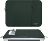 A dark green laptop sleeve shown from two angles: a front view and a side view with a phone inside. Náhľad obrázku produktu