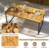 A wooden garden table with a slatted top, set up outdoors on a patio with some fruit and drinks on it. There are inset images showing wood grain and stacked logs. Produktbild-Vorschau