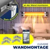 A patio heater mounted on a wooden wall above a sofa, with mounting accessories shown. Produktbild-Vorschau
