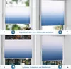 A collage of four images showing pleated blinds in different window settings, with text descriptions below each pair. Produktbild-Vorschau
