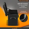 A black aluminum box with its lid open, displayed against a gradient background with text overlays highlighting its features. Produktbild-Vorschau