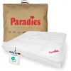 A white duvet is shown next to its brown packaging bag, both featuring the Paradies brand. Produktbild-Vorschau