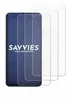 Three transparent screen protectors are shown layered on top of each other, with one protector partially covering a dark blue surface with white text. Produktbild-Vorschau