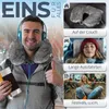 A collage of images showcasing a travel pillow in different use cases: on a couch, in a car, and at a festival, with a main image of a man wearing the pillow and headphones. Produktbild-Vorschau