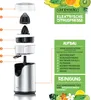 An exploded view diagram of an electric citrus juicer with accompanying text labels and descriptions in German. The image also includes graphics of fruits like bananas, oranges, limes, and kiwi. Produktbild-Vorschau