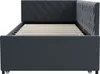 A close-up, side view of a gray upholstered bed frame with wooden slats. Produktbild-Vorschau