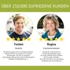 Marketing image featuring customer testimonials with photos and star ratings. Produktbild-Vorschau