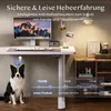 A standing desk setup with a monitor, keyboard, mouse, and a dog sitting next to it, with graphics illustrating sound levels. Produktbild-Vorschau