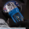 A person wearing black gloves is holding a blue and silver angle grinder with a cutting disc attached. Produktbild-Vorschau