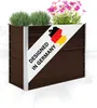 A brown raised garden bed with plants and a "Designed in Germany" label. Produktbild-Vorschau