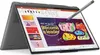 A laptop is shown in a tent mode with a stylus touching the screen. The screen displays a presentation with graphics and text. Produktbild-Vorschau