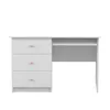 A white desk with three drawers on the left and a shelf space on the right, presented against a white background. Produktbild-Vorschau