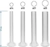 Four clear plastic sausage stuffer tubes of varying diameters, with measurements indicated. Produktbild-Vorschau