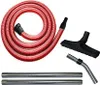A collection of vacuum cleaner accessories, including a red hose, a black floor nozzle, and two silver extension tubes, laid out on a white background. Voir les images du produit
