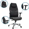 A black office chair with callouts highlighting specific features. Produktbild-Vorschau