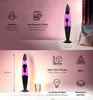 A split image showing a lava lamp with marketing information and technical specifications. Produktbild-Vorschau