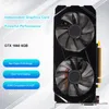 A graphics card with dual fans and text highlighting its features. Produktbild-Vorschau