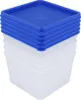 A stack of clear plastic food storage containers with blue lids. Produktbild-Vorschau