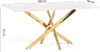 A rectangular table with a white marble-look top and a gold criss-cross metal base, shown on a white background with dimensions indicated. Anteprima dell’immagine prodotto