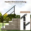 A black metal handrail installed on outdoor stairs, with a diagram showing adjustable joints and angle. Podgląd zdjęcia produktu